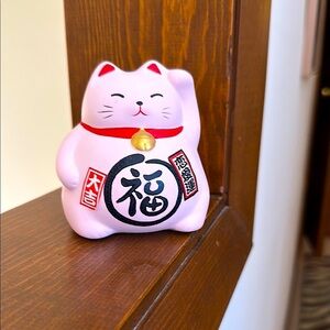 Pink Ceramic Maneki Neko Lucky Beckoning Cat Bank Statue Gently Used Miya Japan